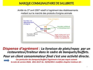 MARQUECOMMUNAUTAIREDE SALUBRITE
Arrêté du 27 avril 2007 relatif à l’agrément des établissements
mettant sur le marché des produits d’origine animale
Dispense d’agrément : La livraison de plats/repas par un
restaurateur/traiteur dans le cadre de banquets/buffets.
Pour un client consommateur final c’est une activité directe.
Cas particulier des banquets/buffets l’agrément n’est pas requis suivant
la note de service DGAL 2011-8117 du 23/05/2011 modifiée chapitre traiteurs §3 -
7
 