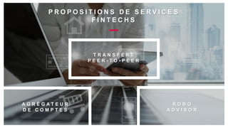 P R O P O S I T I O N S D E S E R V I C E S
F I N T E C H S
A G R É G A T E U R
D E C O M P T E S
R O B O
A D V I S O R
T R A N S F E R T
P E E R - T O - P E E R
 