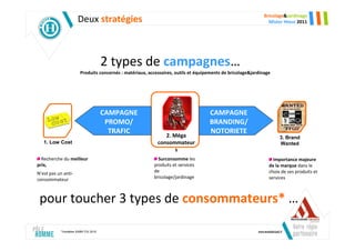 Bricolage&Jardinage
                      Deux stratégies                                                                           Mister Hteur 2011




                                      2 types de campagnes…
                        Produits concernés : matériaux, accessoires, outils et équipements de bricolage&jardinage




                                      CAMPAGNE                                      CAMPAGNE
                                       PROMO/                                       BRANDING/
                                        TRAFIC                                      NOTORIETE
                                                               2. Méga                                               3. Brand
   1. Low Cost                                              consommateur                                             Wanted
                                                                   s
  Recherche du meilleur                                     Surconsomme les                                       Importance majeure
prix,                                                     produits et services                                  de la marque dans le
N’est pas un anti-                                        de                                                    choix de ses produits et
consommateur                                              bricolage/jardinage                                   services



 pour toucher 3 types de consommateurs* …

           *Variables SIMM-TGI 2010
 