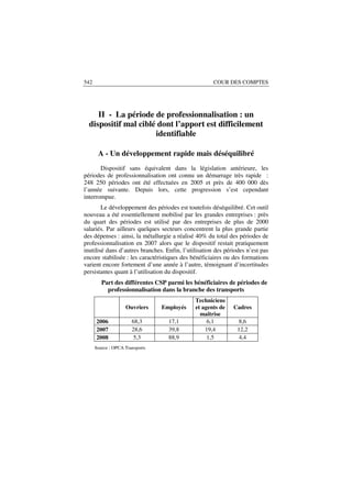 542                                                   COUR DES COMPTES




     II - La période de professionnalisation : un
  dispositif mal ciblé dont l’apport est difficilement
                      identifiable

       A - Un développement rapide mais déséquilibré
       Dispositif sans équivalent dans la législation antérieure, les
périodes de professionnalisation ont connu un démarrage très rapide :
248 250 périodes ont été effectuées en 2005 et près de 400 000 dès
l’année suivante. Depuis lors, cette progression s’est cependant
interrompue.
        Le développement des périodes est toutefois déséquilibré. Cet outil
nouveau a été essentiellement mobilisé par les grandes entreprises : près
du quart des périodes est utilisé par des entreprises de plus de 2000
salariés. Par ailleurs quelques secteurs concentrent la plus grande partie
des dépenses : ainsi, la métallurgie a réalisé 40% du total des périodes de
professionnalisation en 2007 alors que le dispositif restait pratiquement
inutilisé dans d’autres branches. Enfin, l’utilisation des périodes n’est pas
encore stabilisée : les caractéristiques des bénéficiaires ou des formations
varient encore fortement d’une année à l’autre, témoignant d’incertitudes
persistantes quant à l’utilisation du dispositif.
         Part des différentes CSP parmi les bénéficiaires de périodes de
           professionnalisation dans la branche des transports
                                              Techniciens
                    Ouvriers     Employés     et agents de    Cadres
                                                maîtrise
      2006             68,3        17,1            6,1           8,6
      2007             28,6        39,8           19,4          12,2
      2008              5,3        88,9            1,5           4,4
      Source : OPCA Transports
 
