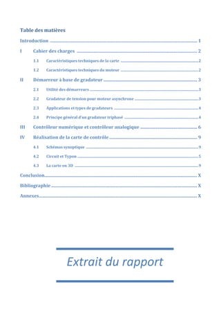Extrait du rapport
Table des matières
Introduction .................................................................................................................................... 1
I Cahier des charges ............................................................................................................ 2
1.1 Caractéristiques techniques de la carte ...................................................................................2
1.2 Caractéristiques techniques du moteur ...................................................................................2
II Démarreur à base de gradateur .................................................................................... 3
2.1 Utilité des démarreurs ....................................................................................................................3
2.2 Gradateur de tension pour moteur asynchrone ....................................................................3
2.3 Applications et types de gradateurs ..........................................................................................4
2.4 Principe général d’un gradateur triphasé ...............................................................................4
III Contrôleur numérique et contrôleur analogique ................................................... 6
IV Réalisation de la carte de contrôle............................................................................... 9
4.1 Schémas synoptique ........................................................................................................................9
4.2 Circuit et Typon .................................................................................................................................5
4.3 La carte en 3D ....................................................................................................................................9
Conclusion......................................................................................................................................... X
Bibliographie ................................................................................................................................... X
Annexes.............................................................................................................................................. X
 