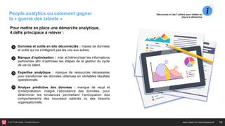 © 2017 HUB Institute. All Rights Reserved. 19
People analytics ou comment gagner
la « guerre des talents »
Données et outils en silo déconnectés : masse de données
et outils qui ne s’intègrent pas les uns aux autres.
Manque d’optimisation : trier et hiérarchiser les informations
pertinentes afin d’optimiser les étapes de la gestion du cycle
de vie du talent.
Expertise analytique : manque de ressources nécessaires
pour transformer les données obtenues en véritables résultats
opérationnels.
Analyse prédictive des données : manque de recul et
d’interprétation, malgré l’abondance des données, pour
déterminer les tendances permettant l’anticipation des
comportements des nouveaux salariés ou des besoins
organisationnels.
Pour mettre en place une démarche analytique,
4 défis principaux à relever :
Découvrez ici les 7 piliers pour mettre en
place la démarche
AMÉLIORER LES PERFORMANCES
 