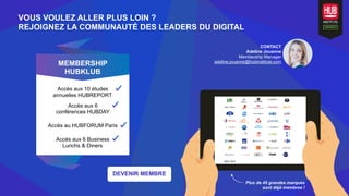 VOUS VOULEZ ALLER PLUS LOIN ?
REJOIGNEZ LA COMMUNAUTÉ DES LEADERS DU DIGITAL
CONTACT
Adeline Jouanne
Membership Manager
adeline.jouanne@hubinstitute.com
DEVENIR MEMBRE
Plus de 45 grandes marques
sont déjà membres !
MEMBERSHIP
HUBKLUB
Accès aux 10 études
annuelles HUBREPORT
Accès aux 6
conférences HUBDAY
Accès au HUBFORUM Paris
Accès aux 6 Business
Lunchs & Diners
 