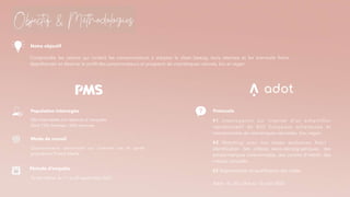 Notre objectif
Comprendre les raisons qui incitent les consommateurs à adopter la clean beauty, leurs attentes et les éventuels freins.
Appréhender et dessiner le profil des consommateurs et prospects de cosmétiques naturels, bio et vegan.
966 interviewés ont répondu à l’enquête
Dont 72% femmes / 28% hommes
Population interrogée
Période d’enquête
Terrain réalisé du 11 au 20 septembre 2020
Mode de recueil
Questionnaire administré sur internet via le panel
propriétaire Prisma Media
Protocole
#1 Interrogation sur internet d’un échantillon
représentatif de 833 françaises acheteuses et
intentionnistes de cosmétiques naturelles, bio, végan
#2 Matching avec nos bases exclusives Adot :
identification des critères socio-démographiques, des
achats/marques consommé(e)s, des centres d’intérêt, des
médias consultés
#3 Segmentation et qualification des cibles
Adot : du 20 juillet au 13 août 2020
 