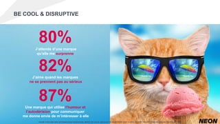 BE COOL & DISRUPTIVE
80%J’attends d’une marque
qu’elle me surprenne
87%Une marque qui utilise l’humour et
l’autodérision pour communiquer
me donne envie de m’intéresser à elle
82%J’aime quand les marques
ne se prennent pas au sérieux
POUR CHACUNE DES AFFIRMATIONS SUIVANTES, MERCI DE NOUS INDIQUER SI VOUS ÊTES TOUT À FAIT, PLUTÔT, PLUTÔT PAS OU PAS DU TOUT D’ACCORD.
 