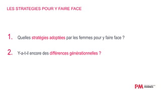 LES STRATEGIES POUR Y FAIRE FACE
1. Quelles stratégies adoptées par les femmes pour y faire face ?
2. Y-a-t-il encore des différences générationnelles ?
 
