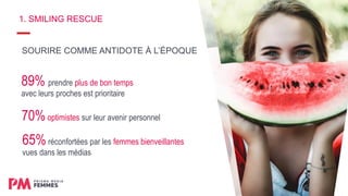 70%optimistes sur leur avenir personnel
1. SMILING RESCUE
65%réconfortées par les femmes bienveillantes
vues dans les médias
89% prendre plus de bon temps
avec leurs proches est prioritaire
SOURIRE COMME ANTIDOTE À L’ÉPOQUE
 