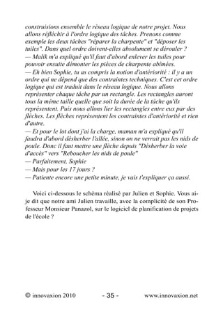 construisions ensemble le réseau logique de notre projet. Nous
allons réfléchir à l'ordre logique des tâches. Prenons comme
exemple les deux tâches "réparer la charpente" et "déposer les
tuiles". Dans quel ordre doivent-elles absolument se dérouler ?
— Malik m'a expliqué qu'il faut d'abord enlever les tuiles pour
pouvoir ensuite démonter les pièces de charpente abîmées.
— Eh bien Sophie, tu as compris la notion d'antériorité : il y a un
ordre qui ne dépend que des contraintes techniques. C'est cet ordre
logique qui est traduit dans le réseau logique. Nous allons
représenter chaque tâche par un rectangle. Les rectangles auront
tous la même taille quelle que soit la durée de la tâche qu'ils
représentent. Puis nous allons lier les rectangles entre eux par des
flèches. Les flèches représentent les contraintes d'antériorité et rien
d'autre.
— Et pour le lot dont j'ai la charge, maman m'a expliqué qu'il
faudra d'abord désherber l'allée, sinon on ne verrait pas les nids de
poule. Donc il faut mettre une flèche depuis "Désherber la voie
d'accès" vers "Reboucher les nids de poule"
— Parfaitement, Sophie
— Mais pour les 17 jours ?
— Patiente encore une petite minute, je vais t'expliquer ça aussi.

   Voici ci-dessous le schéma réalisé par Julien et Sophie. Vous ai-
je dit que notre ami Julien travaille, avec la complicité de son Pro-
fesseur Monsieur Panazol, sur le logiciel de planification de projets
de l'école ?




© innovaxion 2010              - 35 -           www.innovaxion.net
 