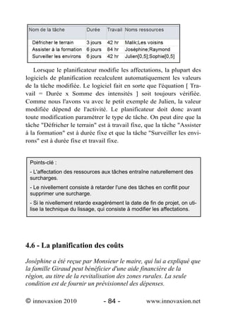 Lorsque le planificateur modifie les affectations, la plupart des
logiciels de planification recalculent automatiquement les valeurs
de la tâche modifiée. Le logiciel fait en sorte que l'équation [ Tra-
vail = Durée x Somme des intensités ] soit toujours vérifiée.
Comme nous l'avons vu avec le petit exemple de Julien, la valeur
modifiée dépend de l'activité. Le planificateur doit donc avant
toute modification paramétrer le type de tâche. On peut dire que la
tâche "Défricher le terrain" est à travail fixe, que la tâche "Assister
à la formation" est à durée fixe et que la tâche "Surveiller les envi-
rons" est à durée fixe et travail fixe.


 Points-clé :
 - L'affectation des ressources aux tâches entraîne naturellement des
 surcharges.
 - Le nivellement consiste à retarder l'une des tâches en conflit pour
 supprimer une surcharge.
 - Si le nivellement retarde exagérément la date de fin de projet, on uti-
 lise la technique du lissage, qui consiste à modifier les affectations.




4.6 - La planification des coûts

Joséphine a été reçue par Monsieur le maire, qui lui a expliqué que
la famille Giraud peut bénéficier d'une aide financière de la
région, au titre de la revitalisation des zones rurales. La seule
condition est de fournir un prévisionnel des dépenses.

© innovaxion 2010                - 84 -            www.innovaxion.net
 