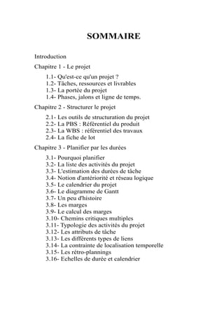 SOMMAIRE
                          Contenu
Introduction
Chapitre 1 - Le projet
    1.1- Qu'est-ce qu'un projet ?
    1.2- Tâches, ressources et livrables
    1.3- La portée du projet
    1.4- Phases, jalons et ligne de temps.
Chapitre 2 - Structurer le projet
    2.1- Les outils de structuration du projet
    2.2- La PBS : Référentiel du produit
    2.3- La WBS : référentiel des travaux
    2.4- La fiche de lot
Chapitre 3 - Planifier par les durées
    3.1- Pourquoi planifier
    3.2- La liste des activités du projet
    3.3- L'estimation des durées de tâche
    3.4- Notion d'antériorité et réseau logique
    3.5- Le calendrier du projet
    3.6- Le diagramme de Gantt
    3.7- Un peu d'histoire
    3.8- Les marges
    3.9- Le calcul des marges
    3.10- Chemins critiques multiples
    3.11- Typologie des activités du projet
    3.12- Les attributs de tâche
    3.13- Les différents types de liens
    3.14- La contrainte de localisation temporelle
    3.15- Les rétro-plannings
    3.16- Echelles de durée et calendrier
 