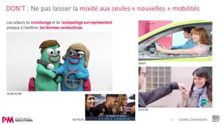 20
Les acteurs du covoiturage et de l’autopartage sur-représentent,
presque à l’extrême, les femmes conductrices.
DON’T : Ne pas laisser la mixité aux seules « nouvelles » mobilités
BLABLACAR
AUTOLIB
DRIVY
OUICAR
 