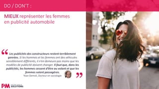 22
MIEUX représenter les femmes
en publicité automobile
Les publicités des constructeurs restent terriblement
genrées. Si les hommes et les femmes ont des véhicules
sensiblement différents, il n’en demeure pas moins que les
modèles de publicité doivent changer. Il faut que, dans les
publicités, les hommes cessent d’être au volant et que les
femmes soient passagères.
Yoan Demoli, Docteur en sociologie
DO / DON’T :
 