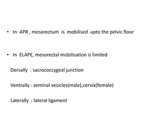 • In APR , mesorectum is mobilised upto the pelvic floor
• In ELAPE, mesorectal mobilisation is limited
Dorsally : sacrococcygeal junction
Ventrally : seminal vesicles(male),cervix(female)
Laterally : lateral ligament
 