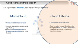 Cloud Híbrida ou Multi-Cloud?
São ligeiramente diferentes. Para nós a definição é simples:
Cloud Híbrida
Multi-Cloud
• Cloud Privada + Cloud Pública
• Troca de dados entre as duas é grande;
• Principais fatores de decisão são técnicos.
Entre eles: performance, compliance,
licenciamento, etc.
• Qualquer combinação desejada!
• Troca de dados entre as duas não é
significativa;
• Principais fatores de decisão são
financeiros e estratégicos (ex: evitar
lock-in).
 