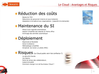  12h30 Questions / RéponsesUne Définition du Cloud3« Le Cloud Computing est l’accès à la demande, via le réseau Internet (ou Intranet) à des ressources informatiques virtualisées, mutualisées et partagées avec d’autres utilisateurs, simple d’utilisation, et payé à l’usage via un abonnement. »Le Cloud c’est d’abord l’accroissement de la valeur métier