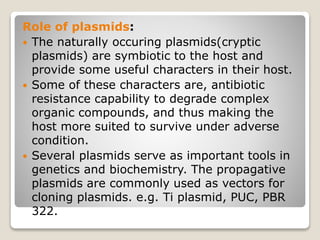 Role of plasmids:
 The naturally occuring plasmids(cryptic
plasmids) are symbiotic to the host and
provide some useful characters in their host.
 Some of these characters are, antibiotic
resistance capability to degrade complex
organic compounds, and thus making the
host more suited to survive under adverse
condition.
 Several plasmids serve as important tools in
genetics and biochemistry. The propagative
plasmids are commonly used as vectors for
cloning plasmids. e.g. Ti plasmid, PUC, PBR
322.
 