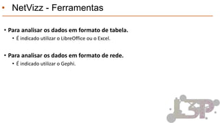 • NetVizz - Ferramentas
• Para analisar os dados em formato de tabela.
• É indicado utilizar o LibreOffice ou o Excel.
• Para analisar os dados em formato de rede.
• É indicado utilizar o Gephi.
 