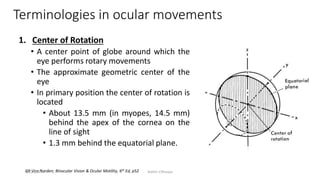 Terminologies in ocular movements
1. Center of Rotation
• A center point of globe around which the
eye performs rotary movements
• The approximate geometric center of the
eye
• In primary position the center of rotation is
located
• About 13.5 mm (in myopes, 14.5 mm)
behind the apex of the cornea on the
line of sight
• 1.3 mm behind the equatorial plane.
GK Von Norden; Binocular Vision & Ocular Motility, 6th Ed, p5212/25/2019 Ashim Chhusya
 