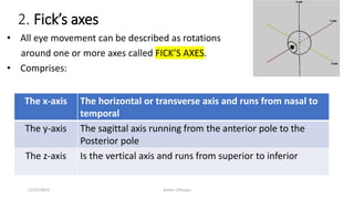 2. Fick’s axes
• All eye movement can be described as rotations
around one or more axes called FICK’S AXES.
• Comprises:
The x-axis The horizontal or transverse axis and runs from nasal to
temporal
The y-axis The sagittal axis running from the anterior pole to the
Posterior pole
The z-axis Is the vertical axis and runs from superior to inferior
12/25/2019 Ashim Chhusya
 