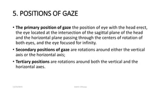 5. POSITIONS OF GAZE
• The primary position of gaze the position of eye with the head erect,
the eye located at the intersection of the sagittal plane of the head
and the horizontal plane passing through the centers of rotation of
both eyes, and the eye focused for infinity.
• Secondary positions of gaze are rotations around either the vertical
axis or the horizontal axis;
• Tertiary positions are rotations around both the vertical and the
horizontal axes.
12/25/2019 Ashim Chhusya
 