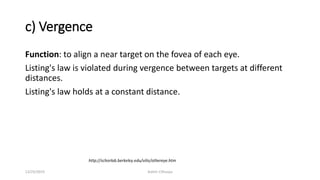 c) Vergence
Function: to align a near target on the fovea of each eye.
Listing's law is violated during vergence between targets at different
distances.
Listing's law holds at a constant distance.
http://schorlab.berkeley.edu/vilis/othereye.htm
12/25/2019 Ashim Chhusya
 