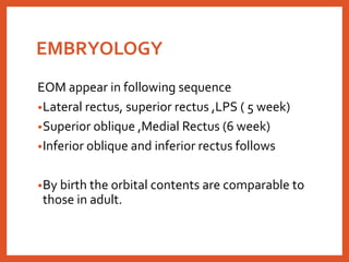 EMBRYOLOGY
EOM appear in following sequence
•Lateral rectus, superior rectus ,LPS ( 5 week)
•Superior oblique ,Medial Rectus (6 week)
•Inferior oblique and inferior rectus follows
•By birth the orbital contents are comparable to
those in adult.
 