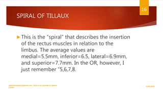 SPIRAL OF TILLAUX
 This is the “spiral” that describes the insertion
of the rectus muscles in relation to the
limbus. The average values are
medial=5.5mm, inferior=6.5, lateral=6.9mm,
and superior=7.7mm. In the OR, however, I
just remember “5,6,7,8.
9/29/2020
optometristsania@gmail.com , find us on youtube as Optom
Corner
16
 
