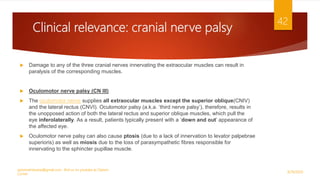 Clinical relevance: cranial nerve palsy
 Damage to any of the three cranial nerves innervating the extraocular muscles can result in
paralysis of the corresponding muscles.
 Oculomotor nerve palsy (CN III)
 The oculomotor nerve supplies all extraocular muscles except the superior oblique(CNIV)
and the lateral rectus (CNVI). Oculomotor palsy (a.k.a. ‘third nerve palsy’), therefore, results in
the unopposed action of both the lateral rectus and superior oblique muscles, which pull the
eye inferolaterally. As a result, patients typically present with a ‘down and out’ appearance of
the affected eye.
 Oculomotor nerve palsy can also cause ptosis (due to a lack of innervation to levator palpebrae
superioris) as well as miosis due to the loss of parasympathetic fibres responsible for
innervating to the sphincter pupillae muscle.
9/29/2020
optometristsania@gmail.com , find us on youtube as Optom
Corner
42
 
