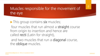 Muscles responsible for the movement of
the eye
 This group contains six muscles;
four muscles that run almost a straight course
from origin to insertion and hence are
called recti (Latin for straight),
and two muscles that run a diagonal course,
the oblique muscles.
9/29/2020
optometristsania@gmail.com , find us on youtube as Optom
Corner
8
 
