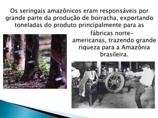 Os seringais amazônicos eram responsáveis por
grande parte da produção de borracha, exportando
toneladas do produto principalmente para as
fábricas norte-
americanas, trazendo grande
riqueza para a Amazônia
brasileira.
 