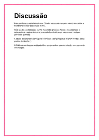 Discussão 
Para que fosse possível visualizar o DNA foi necessário romper a membrana celular e membrana nuclear das células do kiwi. 
Para que tal acontecesse o kiwi foi macerado (processo físico) e foi adicionado o detergente de modo a destruir a bicamada fosfolipídica das membranas celulares (processo químico). 
A adição de sal (NaCl) serviu para neutralizar a carga negativa do DNA devido à carga positiva do ião (Na+). 
O DNA não se dissolve no álcool etílico, provocando a sua precipitação e consequente visualização. 
 