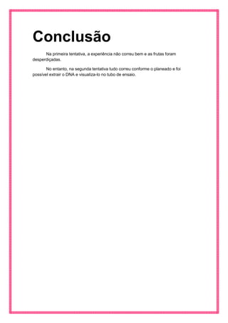 Conclusão 
Na primeira tentativa, a experiência não correu bem e as frutas foram desperdiçadas. 
No entanto, na segunda tentativa tudo correu conforme o planeado e foi possível extrair o DNA e visualiza-lo no tubo de ensaio. 
 
