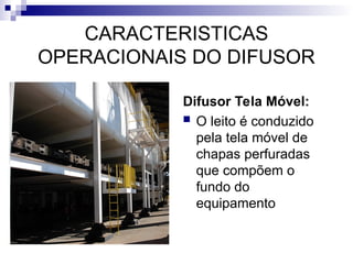 CARACTERISTICAS
OPERACIONAIS DO DIFUSOR
Difusor Tela Móvel:
 O leito é conduzido
pela tela móvel de
chapas perfuradas
que compõem o
fundo do
equipamento
 