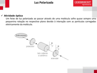 Luz Polarizada
 Atividade óptica
Um feixe de luz polarizada ao passar através de uma molécula sofre quase sempre uma
pequenina rotação no respectivo plano devido à interação com as partículas carregadas
eletricamente da molécula.
 