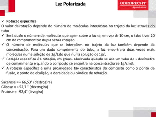 Luz Polarizada
 Rotação específica
O valor da rotação depende do número de moléculas interpostas no trajeto da luz, através do
tubo
 Será duplo o número de moléculas que agem sobre a luz se, em vez de 10 cm, o tubo tiver 20
cm de comprimento e dupla será a rotação.
 O número de moléculas que se interpõem no trajeto da luz também depende da
concentração. Para um dado comprimento do tubo, a luz encontrará duas vezes mais
moléculas numa solução de 2g/L do que numa solução de 1g/L
 Rotação específica é a rotação, em graus, observada quando se usa um tubo de 1 decímetro
de comprimento e quando o composto se encontra na concentração de 1g/cm3.
 A rotação específica é uma propriedade tão característica do composto como o ponto de
fusão, o ponto de ebulição, a densidade ou o índice de refração.
Sacarose = + 66,53° (dextrogira)
Glicose = + 52,7 ° (dextrogira)
Frutose = - 92,4° (levogira)
 
