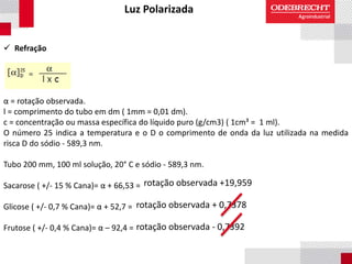 Luz Polarizada
 Refração
α = rotação observada.
l = comprimento do tubo em dm ( 1mm = 0,01 dm).
c = concentração ou massa específica do líquido puro (g/cm3) ( 1cm³ = 1 ml).
O número 25 indica a temperatura e o D o comprimento de onda da luz utilizada na medida
risca D do sódio - 589,3 nm.
Tubo 200 mm, 100 ml solução, 20° C e sódio - 589,3 nm.
Sacarose ( +/- 15 % Cana)= α + 66,53 =
Glicose ( +/- 0,7 % Cana)= α + 52,7 =
Frutose ( +/- 0,4 % Cana)= α – 92,4 =
rotação observada +19,959
rotação observada + 0,7378
rotação observada - 0,7392
 