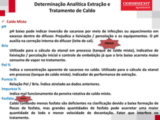 Determinação Analítica Extração e
Tratamento de Caldo
 Caldo Misto
pH
pH baixo pode indicar inversão de sacarose por meio de infecções ou aquecimento em
excesso dentro do difusor. Prejudica a lixiviação / percolação e os equipamentos. O pH
auxilia na correção interna do difusor (leite de cal).
Brix
Utilizado para o cálculo da etanol em processo (tanque de caldo misto), indicativo de
lixiviação / percolação inicial e controle de embebição já que o brix baixo acarreta maior
consumo de vapor no tratamento.
Pol %
Indica a concentração aparente de sacarose no caldo. Utilizado para o cálculo da etanol
em processo (tanque de caldo misto). Indicador de performance de extração.
Pureza %
Relação Pol / Brix. Índice atrelado ao dados anteriores.
Impureza %
Indica mal funcionamento da peneira rotativa de caldo misto.
Fosfato
Caldo contendo menos fosfato são deficientes na clarificação devido a baixa formação de
flocos de fosfato, mas grandes quantidades de fosfato pode acarretar uma maior
quantidade de lodo e menor velocidade de decantação. Fator que interfere no
tratamento.
PROVA
PROVA
 