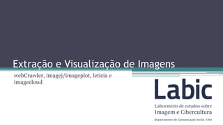 Extração e Visualização de Imagens
webCrawler, imagej/imageplot, leticia e
imagecloud
 