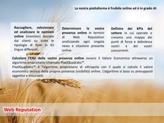 4
La nostra piattaforma è fruibile online ed è in grado di:
Web Reputation
Raccogliere, selezionare
ed analizzare le opinioni
online (mention) lasciate
dai clienti su tutte le
tipologie di fonti in 43
lingue differenti.
Calcolare l’EAV della vostra presenza online ovvero il Valore Economico attraverso un
algoritmo proprietario chiamato PixelQuadrato™.
PixelQuadrato™ è l’algoritmo proprietario di eXtrapola con il quale si calcola il valore
economico teorico della propria presenza (visibilità) online. L’algoritmo si basa su presupposti
oggettivi e misurabili.
Determinare la vostra
presenza online in termini
di Web Reputation
analizzando ogni singola
news e citazione presente
online.
Definire dei KPIs del
settore in cui operate e
creiamo una mappa dei
punti di forza e debolezza
vostri e dei vostri
concorrenti.
 