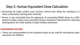 Step 2: Human Equivalent Dose Calculation
• Correcting for body surface area increase clinical trial safety by resulting in a
more conservative starting dose estimate.
• Hence, it was concluded that the approach of converting NOAEL doses to a HED
based on body surface area correction factors should be maintained for selecting
starting doses for initial studies in adult healthy volunteers.
CONVERSION FACTORS
• These are recommended as the standard values to be used for interspecies dose
conversion for NOAELs.
17
 