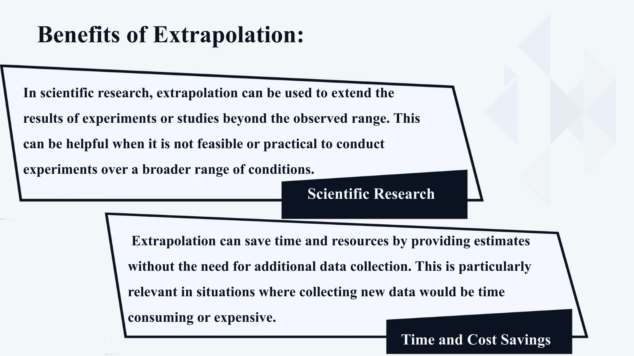Benefits of Extrapolation:
In scientific research, extrapolation can be used to extend the
results of experiments or studies beyond the observed range. This
can be helpful when it is not feasible or practical to conduct
experiments over a broader range of conditions.
Scientific Research
Proponents
Prediction of Future Trends
Extrapolation can save time and resources by providing estimates
without the need for additional data collection. This is particularly
relevant in situations where collecting new data would be time
consuming or expensive.
Time and Cost Savings
 