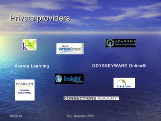 08/26/1308/26/13 D.L. Bearden, PhDD.L. Bearden, PhD
Private providersPrivate providers
ODYSSEYWARE Online®Aventa Learning
 