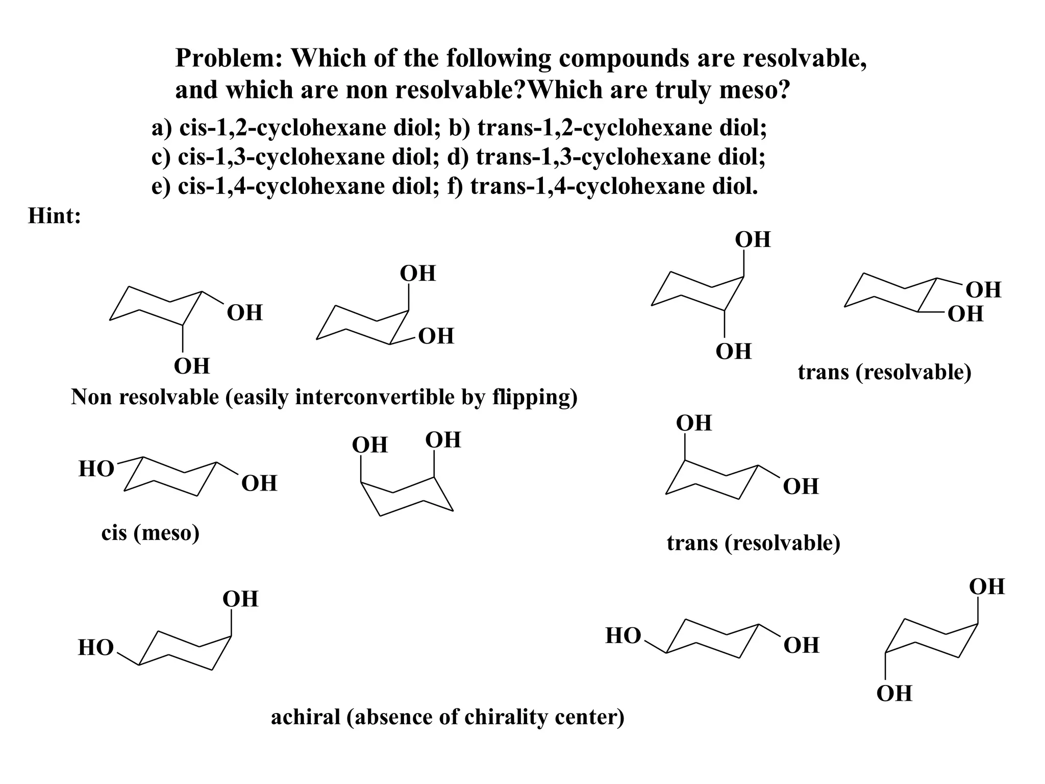 Problem: Which of the following compounds are resolvable,
               and which are non resolvable?Which are truly meso?
             a) cis-1,2-cyclohexane diol; b) trans-1,2-cyclohexane diol;
             c) cis-1,3-cyclohexane diol; d) trans-1,3-cyclohexane diol;
             e) cis-1,4-cyclohexane diol; f) trans-1,4-cyclohexane diol.
Hint:
                                                                         OH
                                       OH
                                                                                               OH
                     OH                                                                       OH
                                         OH
                                                                       OH
             OH                                                                trans (resolvable)
   Non resolvable (easily interconvertible by flipping)
                                                                  OH
                                  OH      OH
    HO
                      OH                                                      OH
        cis (meso)                                                trans (resolvable)
                                                                                                OH
                     OH
                                                            HO                OH
    HO
                                                                                       OH
                          achiral (absence of chirality center)
 