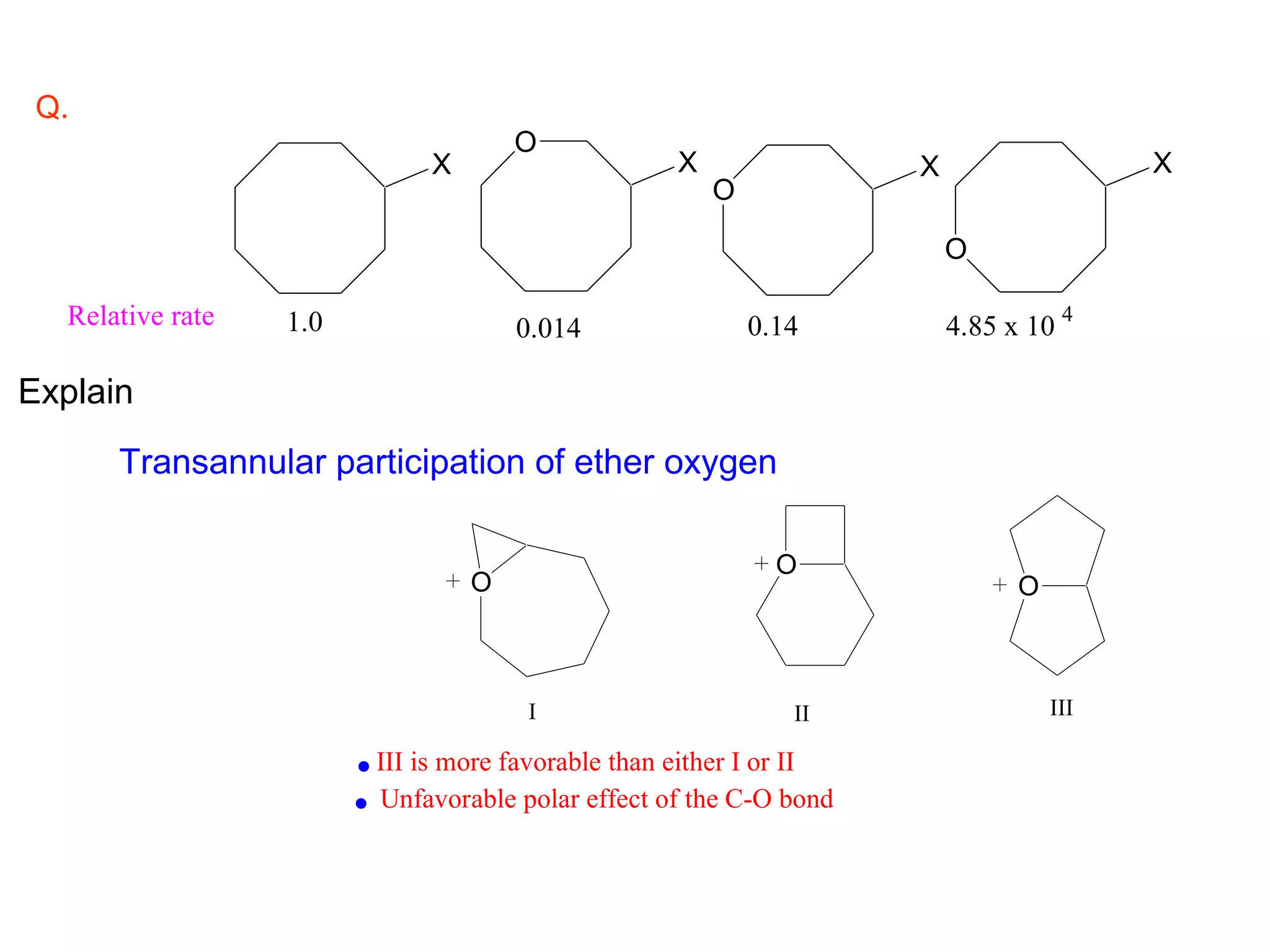 Q.
                                        O
                                X                      X                X                   X
                                                           O

                                                                            O

  Relative rate   1.0                   0.014                  0.14         4.85 x 10 4

Explain
      Transannular participation of ether oxygen

                                                                 O
                                    O                                             O




                        .
                                         I                        II                  III


                        .   III is more favorable than either I or II
                            Unfavorable polar effect of the C-O bond
 