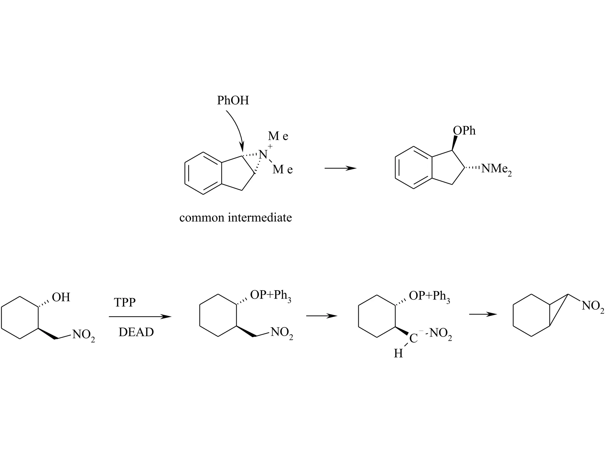 PhOH

                                    Me                 OPh
                                 +
                                N
                                    Me                       NMe2


                  common intermediate




OH                             OP+Ph3         OP+Ph3
           TPP                                                      NO2

           DEAD                     NO2
     NO2                                      C NO2
                                          H
 