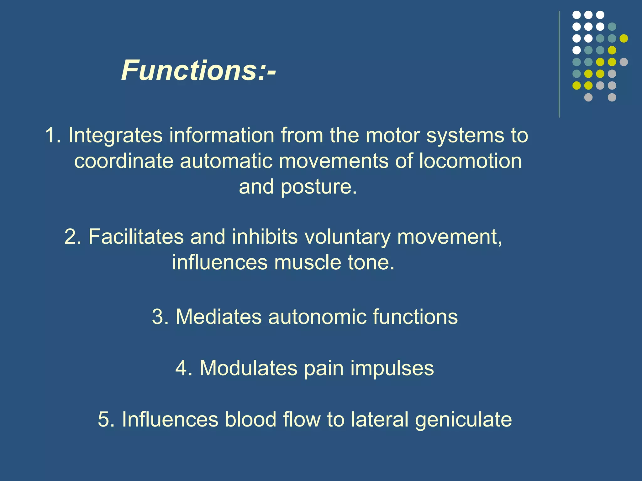 Functions:- Integrates information from the motor systems to coordinate automatic movements of locomotion and posture. 2. Facilitates and inhibits voluntary movement, influences muscle tone. 3. Mediates autonomic functions 4. Modulates pain impulses 5. Influences blood flow to lateral geniculate 
