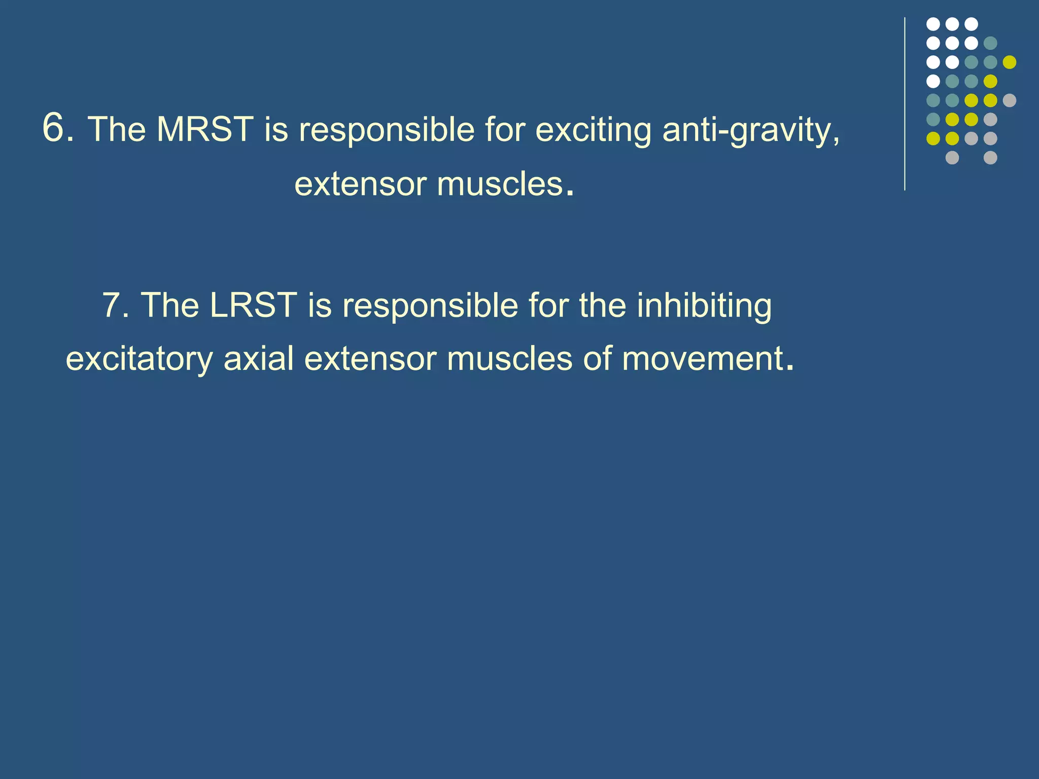 6.  The MRST is responsible for exciting anti-gravity, extensor muscles .   7. The LRST is responsible for the inhibiting excitatory axial extensor muscles of movement .   