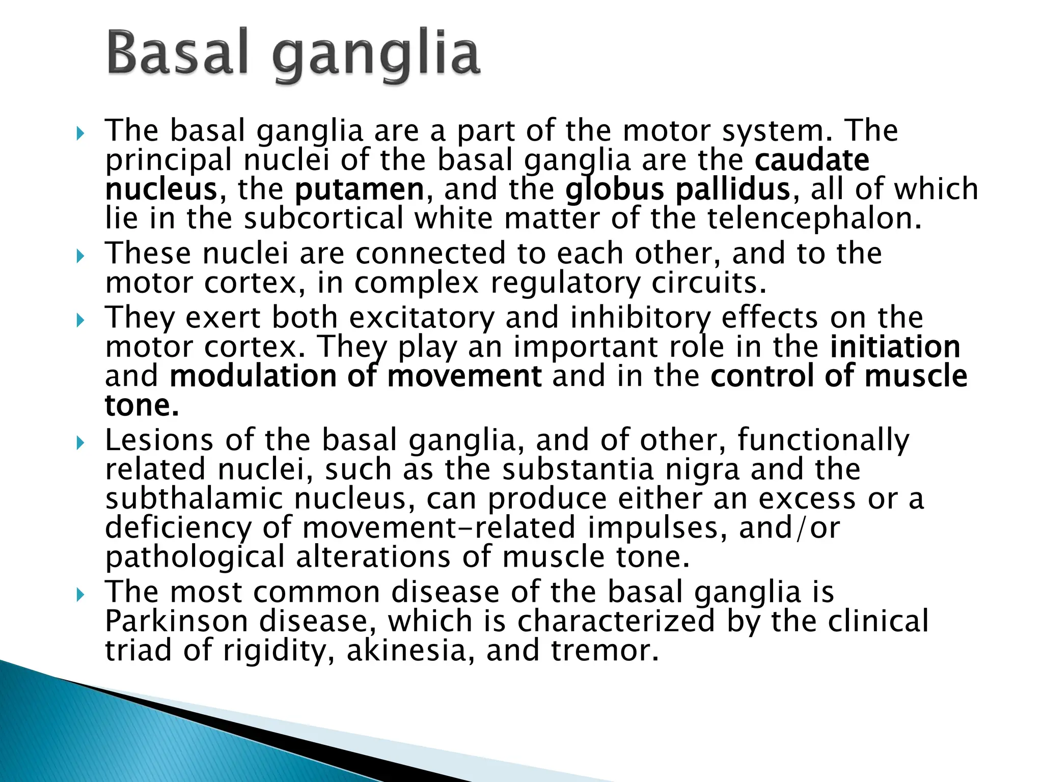  The basal ganglia are a part of the motor system. The
principal nuclei of the basal ganglia are the caudate
nucleus, the putamen, and the globus pallidus, all of which
lie in the subcortical white matter of the telencephalon.
 These nuclei are connected to each other, and to the
motor cortex, in complex regulatory circuits.
 They exert both excitatory and inhibitory effects on the
motor cortex. They play an important role in the initiation
and modulation of movement and in the control of muscle
tone.
 Lesions of the basal ganglia, and of other, functionally
related nuclei, such as the substantia nigra and the
subthalamic nucleus, can produce either an excess or a
deficiency of movement-related impulses, and/or
pathological alterations of muscle tone.
 The most common disease of the basal ganglia is
Parkinson disease, which is characterized by the clinical
triad of rigidity, akinesia, and tremor.
 