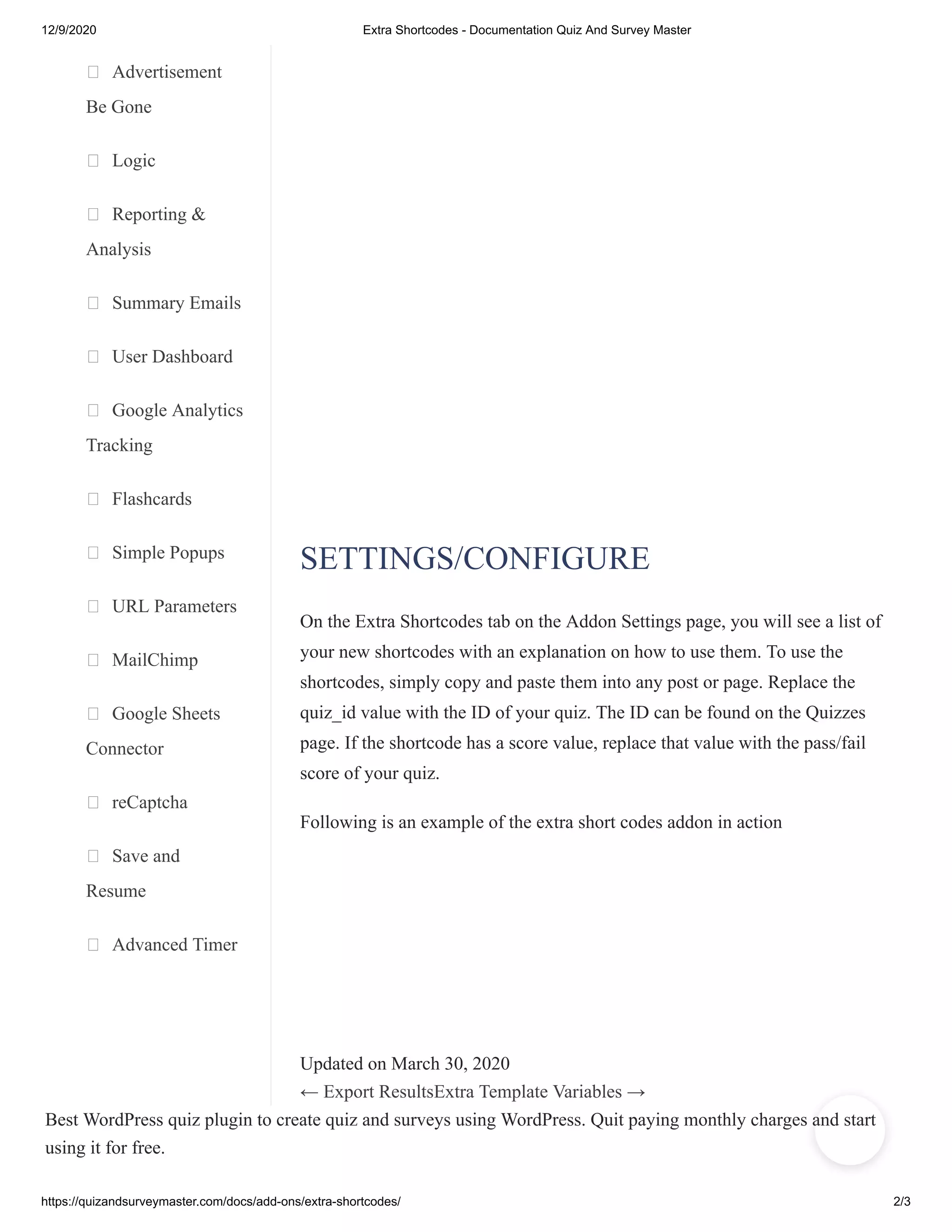 Extra shortcodes documentation quiz and survey master | PDF