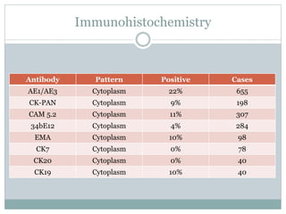 Immunohistochemistry
Antibody Pattern Positive Cases
AE1/AE3 Cytoplasm 22% 655
CK-PAN Cytoplasm 9% 198
CAM 5.2 Cytoplasm 11% 307
34bE12 Cytoplasm 4% 284
EMA Cytoplasm 10% 98
CK7 Cytoplasm 0% 78
CK20 Cytoplasm 0% 40
CK19 Cytoplasm 10% 40
 